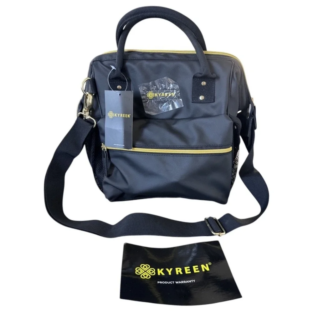 Kyreen Cooler Lunch Bag Unisex OS Black‎ Nylon Crossbody Top Handle Gold Zip